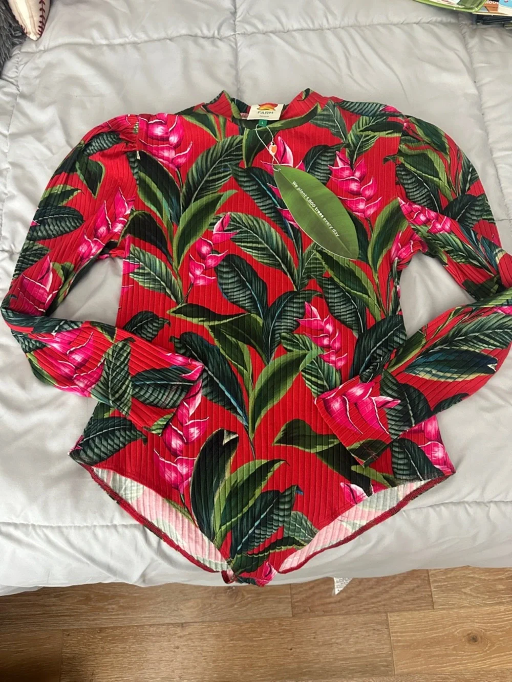 FARM Rio Red Ribbed Tropical Print Bodysuit - Picture 1 of 8